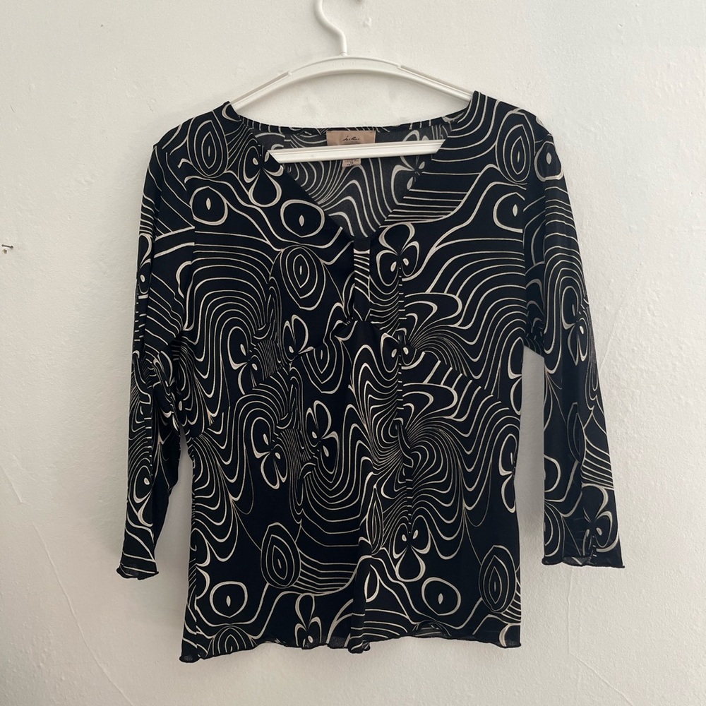 Y2K Vtg Swirl Stretch Mesh Plunge Neck Deep V-Neck 3/4 Sleeve Top Women Medium